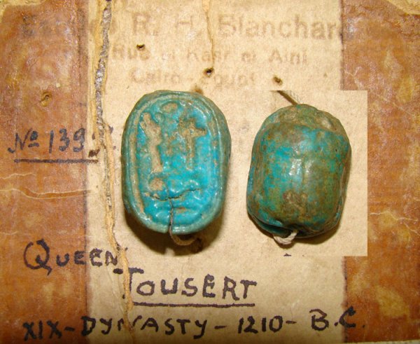 Egypt, XIX Dynasty, scarab of "Queen Tousert": Egypt, XIX Dynasty, c. 1210BC. A nice blue faience scarab of "Queen Tousert" with nice cartouche. Affixed to antique card that reads, " Estate R.H. Blanchard, Cairo, Egypt and hand written by collecto