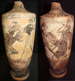 Greek, Attic, RARE "white ground" lekythos: Greek, Attic, c. 520 BC., a nice black figure on white ground lekythos. Four warriors in 2 groups battle each other with spears and shields flying. Top and handle are missing as is some of the