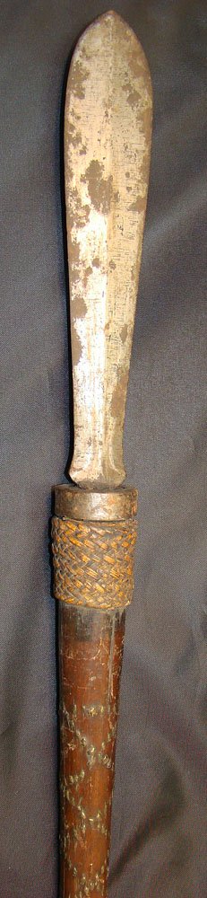Philippines, long spear with brass inlay : Philippines, N. Luzon, Bontoc, Kalinga or Ifugao People, a long spear in hard wood has brass inlay in "tattoo" design to match the tattooing of the warriors own. Iron spear point is long and dagger po
