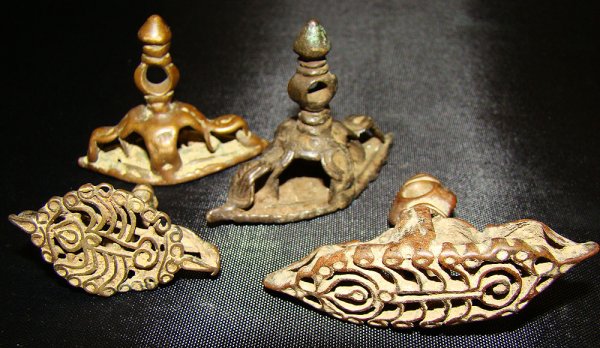 India, c. 1900, 5 nice open-work bronze stamps: India, c. 1900, a lot of 5 very nice open-work bronze stamp seals; all with scorpion designs as the stamps. All have a loop at top for stringing. S: 1.75" x 2.25" each. Joel L. Malter Collection.