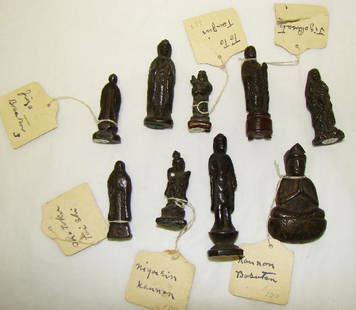 Japan, a lot of 9 small bronze Shinto gods: Japan, c. 16th-17th century, a lot of 9 small bronze Shinto gods. All are different, all with choice design and detail throughout. 5 still have their original antique paper price tags. From 1.25" to 2