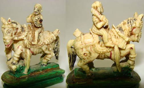 India, Mughal Period, a chess "knight" masterpiece: India, Mughal Period, a finely carved ivory chess Piece of a mounted warrior as the "knight"; from a traditional chess game, carved Muslim style. Superb carving, delicate painting. Small masterpiece w