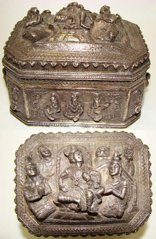 Burma, late 20th century. Burmese Silver Box : Burma, late 20th century. Burmese Silver Box. Beautifully hand-hammered solid silver box; top and sides covered with traditional motifs of royal family and courtiers all in high and bold relief. Mythi