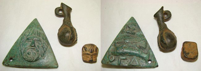 Last Bessey; includes an important bronze plaque!: Final lot of 3 Bessey pieces. One in stone, the others in bronze. The first is a talon holding ball or globe. Looped on top and weighing 31.9 grams, measuring 1 5/8" long. Possibly Roman. Second piece