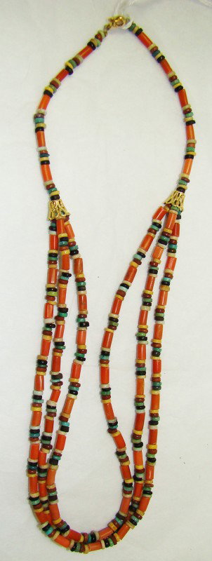Egypt, Late Period, carnelian bead necklace: Egypt, Late Period, 20th-30th Dynasties, 715-332BC., an attractive and wearable carnelian short tubular and multi colored faience mummy bead necklace. Three strands at chest coming from a single stran