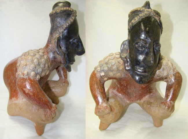 Mexico, Jalisco, rare black face "hunchback" : Mexico, Jalisco, c. 250 BC–250 AD. A wonderful and rare ceramic "hunchback" figure with highly burnished black face. Seated male figure rests with his hands on his knees as he sits in the posture of