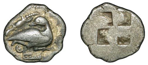 Eion. c.480 BC. AR Trihemiobol. 1.06g. Goose standi: Eion. c.480 BC. AR Trihemiobol. 1.06g. Goose standing rt., looking back, lizard above. / Quadrapartite incuse square. SNG ANS 274. VF, good strike.