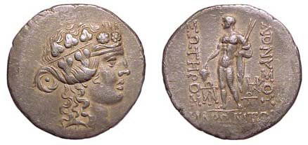 Maroneia, under Rome. After 146 BC. AR Tetradrachm.: Maroneia, under Rome. After 146 BC. AR Tetradrachm. 15.88g. Head of Dionysos rt., wreathed in ivy. / Dionysos standing lt., holding bunch of grapes, narthex stalks & cloak. Geiss 1099v.