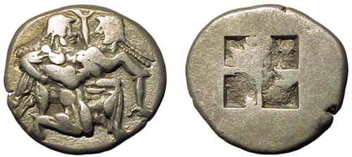 Thasos 510 - 490 BC. AR Stater. 8.85g. Naked ithyph: Thasos 510 - 490 BC. AR Stater. 8.85g. Naked ithyphallic satyr carrying off a nymph who raises her arm in protest / Quadrapartite incuse square. Weber 2500. aVF.