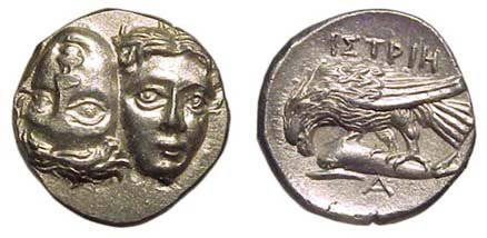 Istrus. 400 - 350 BC. AR Stater. 5.93g. Two male he: Istrus. 400 - 350 BC. AR Stater. 5.93g. Two male heads facing, the right inverted. / ISTPIH, Sea eagle flying lt., attacking a dolphin with its' talons 'A' below. BMC 3,2. Choice EF, perfectly struck