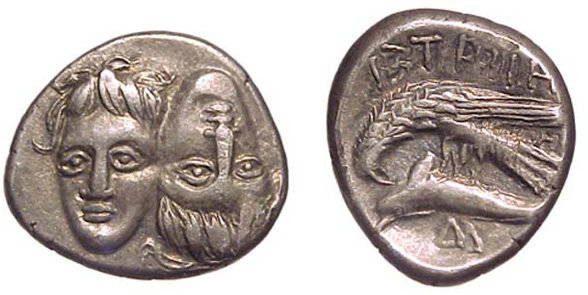 Istrus. 400 - 350 BC. AR Stater. 5.50g. Two male he: Istrus. 400 - 350 BC. AR Stater. 5.50g. Two male heads facing, the right inverted. / ISTPIH, sea eagle flying lt., attacking a dolphin with its' talons 'A' below. BMC 3,2. Choice VF, attractively