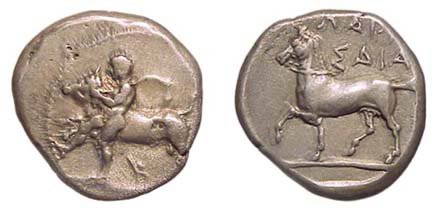 Thessaly, Larissa. c.425 - 400 BC. AR Drachm. 6.04g: Thessaly, Larissa. c.425 - 400 BC. AR Drachm. 6.04g. Youth restraining a bull lt. / orse prancing lt. Herrmann, XXXV, 14,3. VF with a well struck reverse in fine style.
