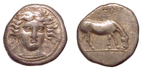 Thessaly, Larissa. c.400 - 350 BC. AR Drachm, signe: Thessaly, Larissa. c.400 - 350 BC. AR Drachm, signed by IMO. 5.82g. Head of the nymph Larissa facing slightly rt., TIMO above. / orse grazing rt. Herrmann, pl. VIII, 14-15. VF and a scarcer