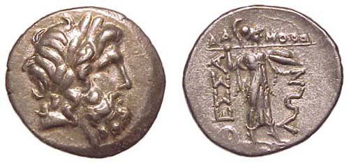 Thessaly, Thessalian League. c.196 - 146 BC. AR Dou: Thessaly, Thessalian League. c.196 - 146 BC. AR Double Victoriatus. 6.15g. Laureate head of Zeus rt. / Athena Itonia advancing rt., brandishing spear & shield. McClean 4746. Nice VF.