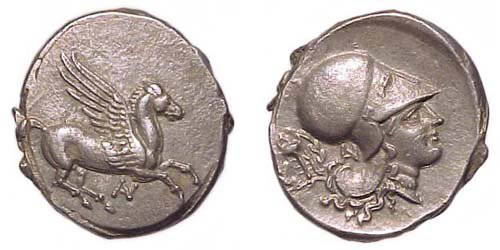 Akarnania, Anaktorion. c.345 - 300 BC. AR Stater. 8: Akarnania, Anaktorion. c.345 - 300 BC. AR Stater. 8.38g. Pegasus flying rt., AN monogram beneath. / Crested head of Athena rt., AN monogram and a tripod within a laurel-wreath behind. EF.