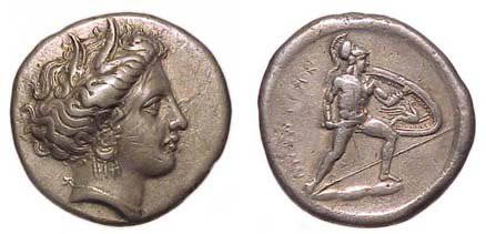 Locris, Locri Opuntii. c.382 - 336 BC. AR Stater. 1: Locris, Locri Opuntii. c.382 - 336 BC. AR Stater. 11.78g. Wreathed head of Persephone rt., wearing ornate earring. / Ajax 'the lesser' rt., holding a short sword and shield with a griffin inside, spea