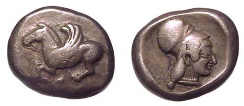 Corinthia, Corinth. C.515 - 450 BC. AR Stater. 8.40: Corinthia, Corinth. C.515 - 450 BC. AR Stater. 8.40g. Pegasus flying lt., koppa beneath. / Crested head of Athena rt. Pegasi I pg. 163, 51; Ravel 129; SNG Cop. 6. AVF, old cabinet tone.