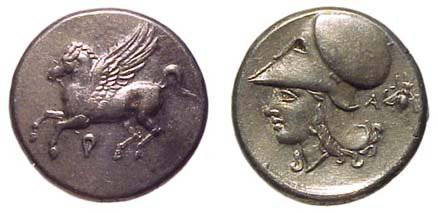 Corinthia, Corinth. c. 345 - 307 BC. AR Stater. 8.5: Corinthia, Corinth. c. 345 - 307 BC. AR Stater. 8.53g. Pegasus flying lt., koppa beneath. / Crested head of Athena lt., a bee and 'A' behind. Pegasi I pg. 253, 397/1; Ravel 1037. Choice VF.