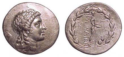 Myrina, after 165 BC. AR Tetradrachm. 16.79g. Laure: Myrina, after 165 BC. AR Tetradrachm. 16.79g. Laureate head of Apollo rt. / Apollo Grynios standing rt., holding a branch with fillets, amphora before. Sacks, ANSMN 30, issue 19. Nice EF.
