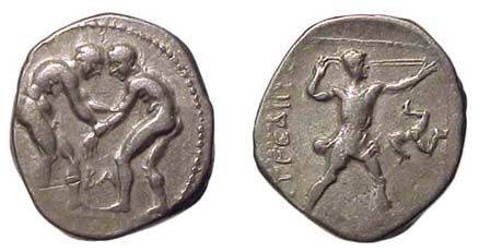 Aspendos. c.370 - 330 BC. AR Stater. 10.64g. A pair: Aspendos. c.370 - 330 BC. AR Stater. 10.64g. A pair of wrestlers grappling, 'BA' between them. / Slinger about to release missile rt., triskeles in field. SNG France 87. Fine.