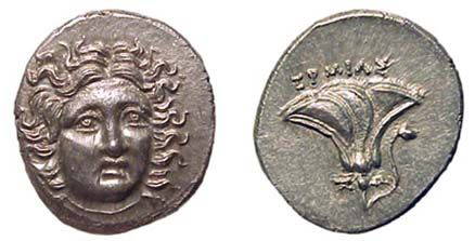 Rhodian Peraia, 304-167 BC. AR Drachm. 2.68g. Facin: Rhodian Peraia, 304-167 BC. AR Drachm. 2.68g. Facing head of Helios turned slightly right, hair loose. / Rose with bud on right. Ex. Sitichoro hoard of 1968. Mint State.