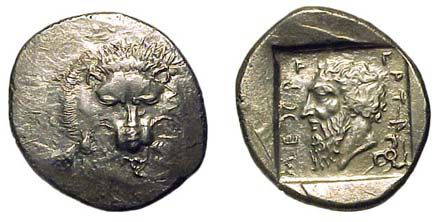 Dynasts, Mithrapata. c.380 - 375 BC. AR Stater. 9.9: Dynasts, Mithrapata. c.380 - 375 BC. AR Stater. 9.96g. Facing lion's scalp; triskeles pinching nose below. / Head of the dynast left; triskeles behind, all within incuse square. Mørkhom & Olçay,