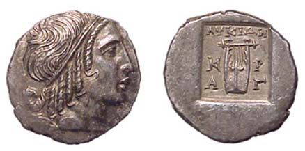 Lycian League, Cragus. c.32 - 30 BC. AR Hemidrachm.: Lycian League, Cragus. c.32 - 30 BC. AR Hemidrachm. 1.50g. Head of Apollo rt. / ithara in incuse square. RPC 3304. Troxel, LL 104 - 109. EF.