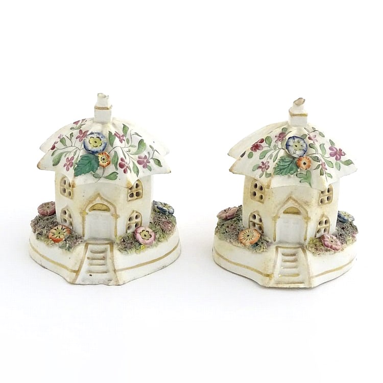 STAFFORDSHIRE POTTERY PASTILLE BURNER IN THE FORM OF A COTTAGE WITH FLORAL DECORATION: Approx. 4 1/2 in. (11.4 cm) high.