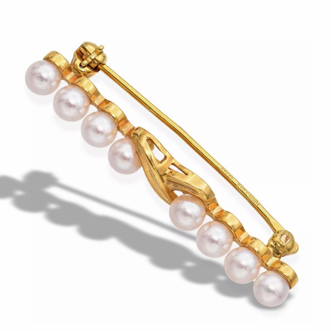 TIFFANY 18K GOLD PEARL BROOCH: Brooch, length: 1 3/4 in (4.5 cm); Pearl diameter: 3.75 mm.