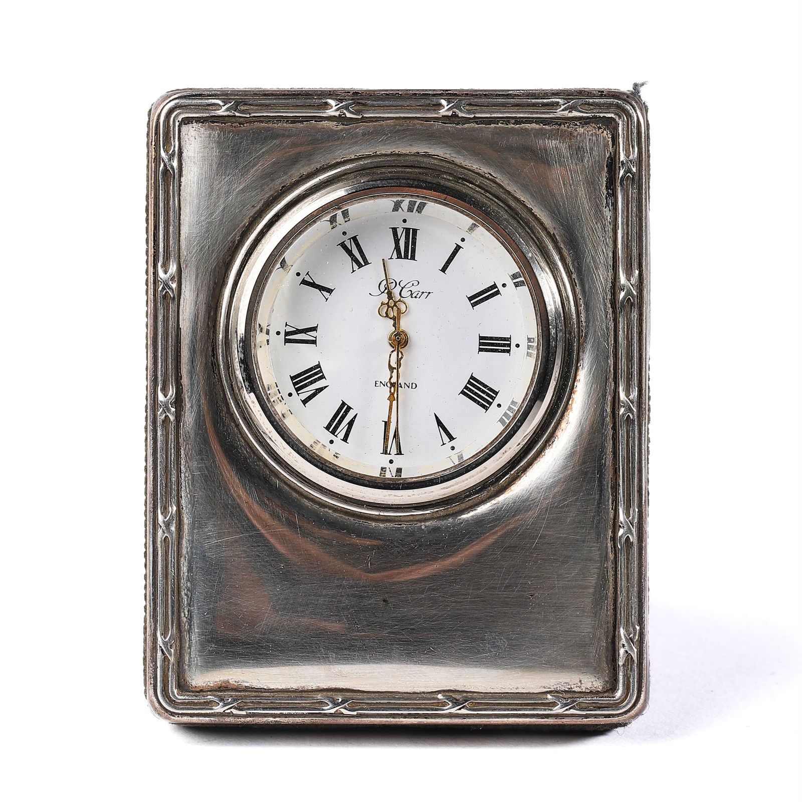 A SILVER-PLATED RECTANGULAR DESK CLOCK, ENGLAND, EARLY 20TH CENTURY (1 of 3)