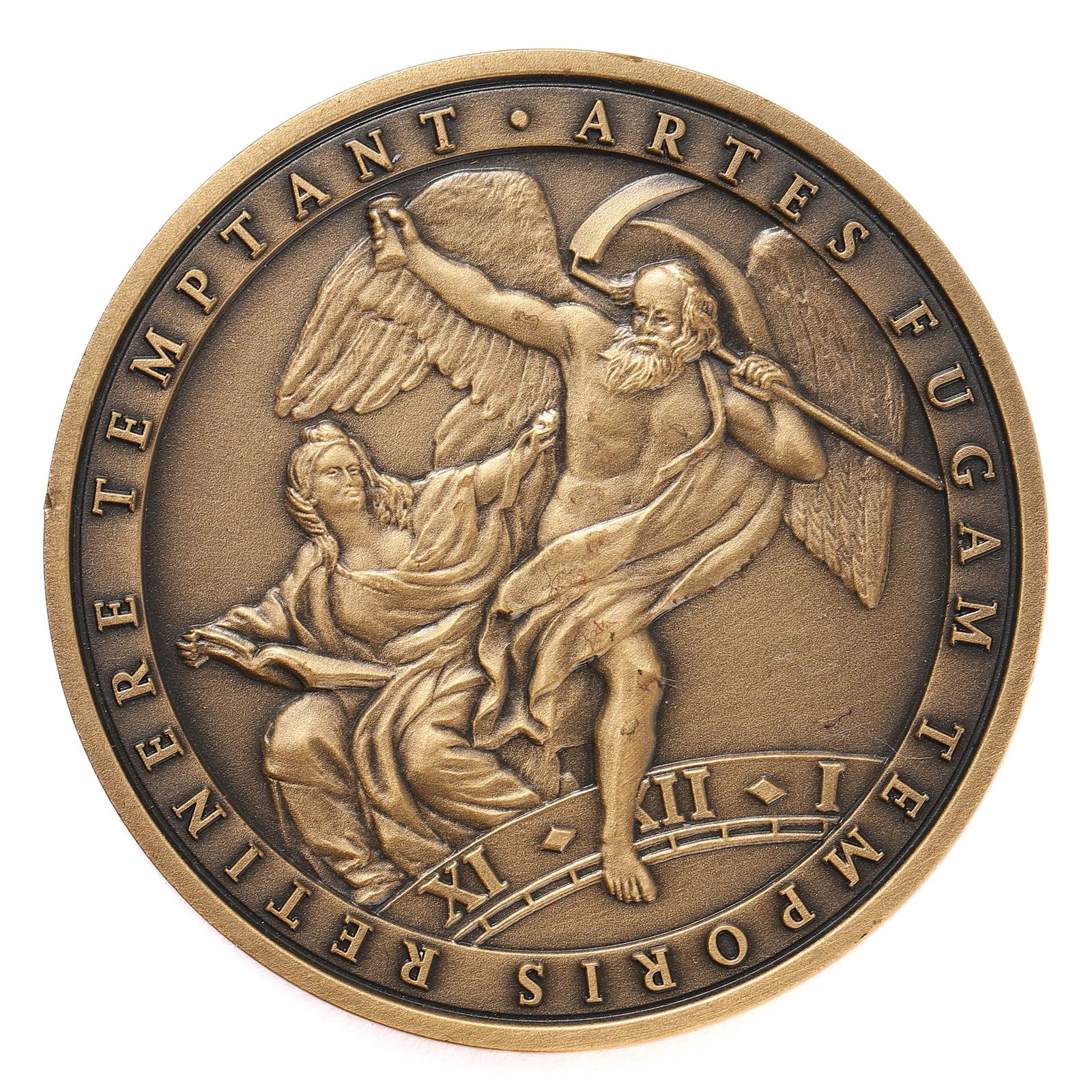 PATEK PHILIPPE MUSEUM COMMEMORATIVE MEDAL, GENEVA, 2001: diameter: 1 9/16 in (4 cm); weight: 30 g A bronze medal issued by the Patek Philippe Museum in Geneva to commemorate the inauguration of the museum in 2001. The obverse features a depiction of an ange