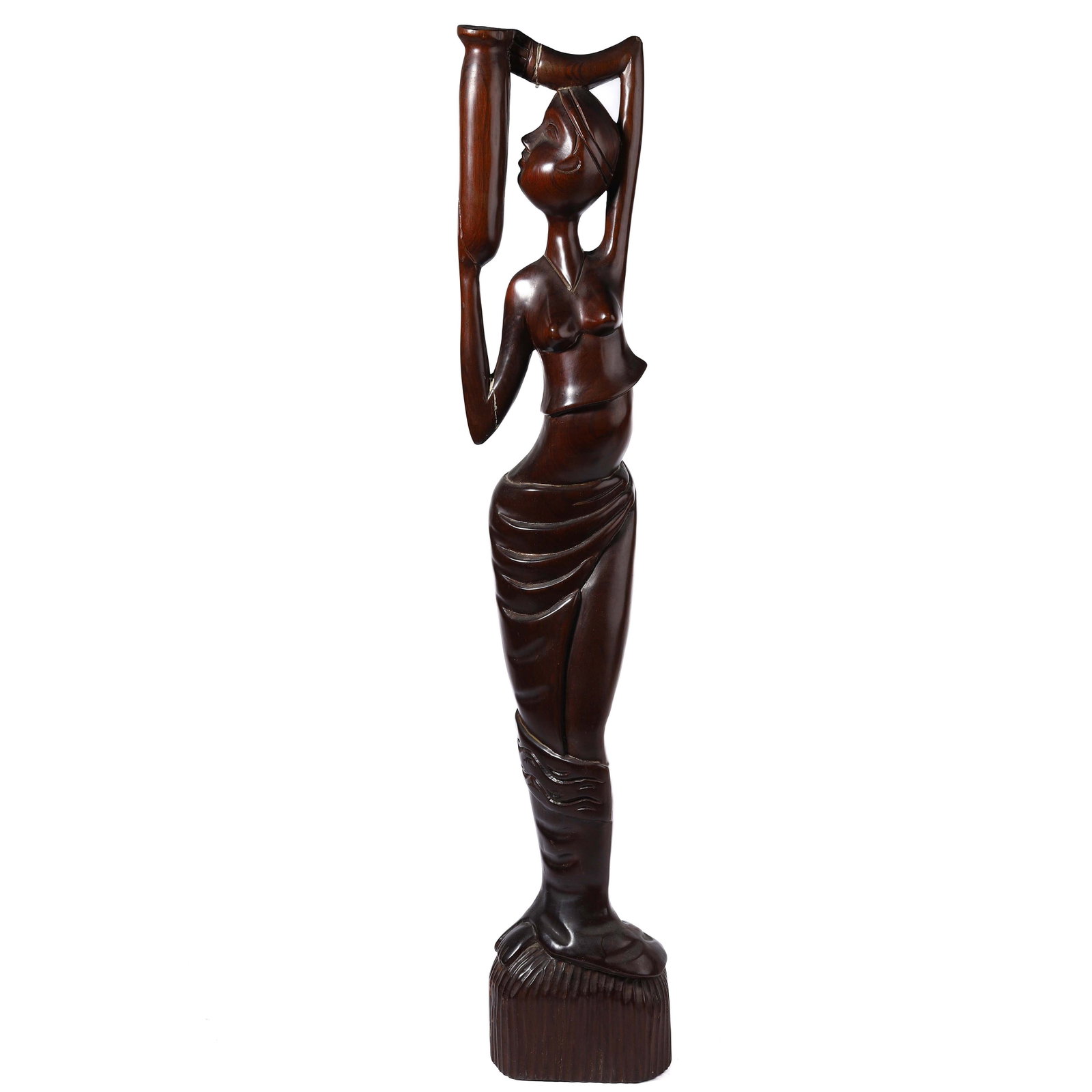 HAND-CARVED WOODEN SCULPTURE OF A WOMAN CARRYING A VESSEL (WITH REPAIRS): height: 31 1/2 in (80 cm) A finely hand-carved wooden sculpture depicting a woman carrying a vessel over her head. The figure features elegant stylization, with smooth lines and a polished finish that