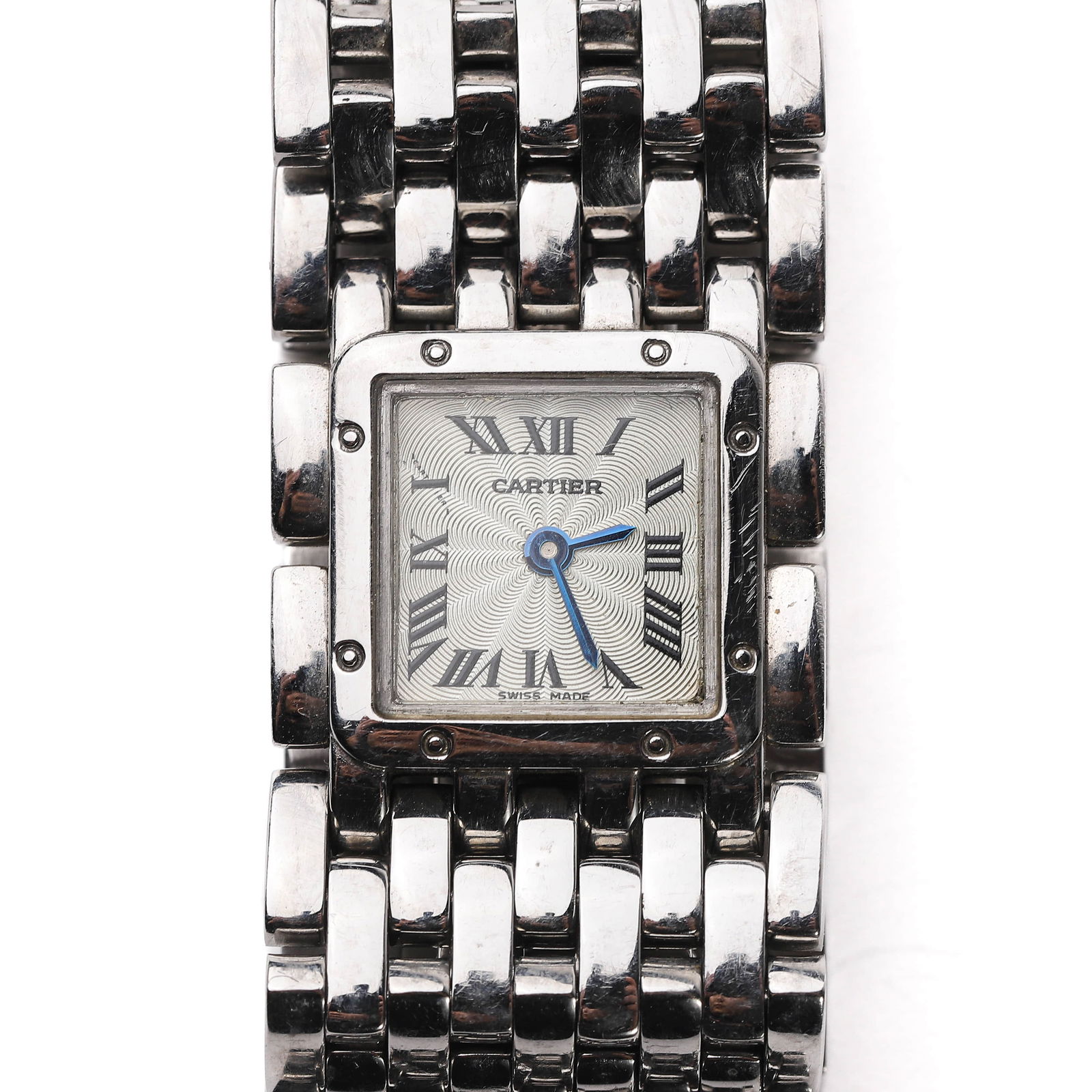 CARTIER LADIES' STAINLESS STEEL BRACELET WATCH.: A Cartier ladies' wristwatch in stainless steel, featuring a square silver guilloché dial with Roman numeral hour markers and blued steel hands. The watch is fitted with a stainless steel bracelet an