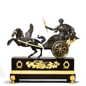 EMPIRE GILT AND PATINATED BRONZE MANTEL CLOCK DEPICTING CERES IN A CHARIOT, EARLY 19TH CENTURY (1 of 5)
