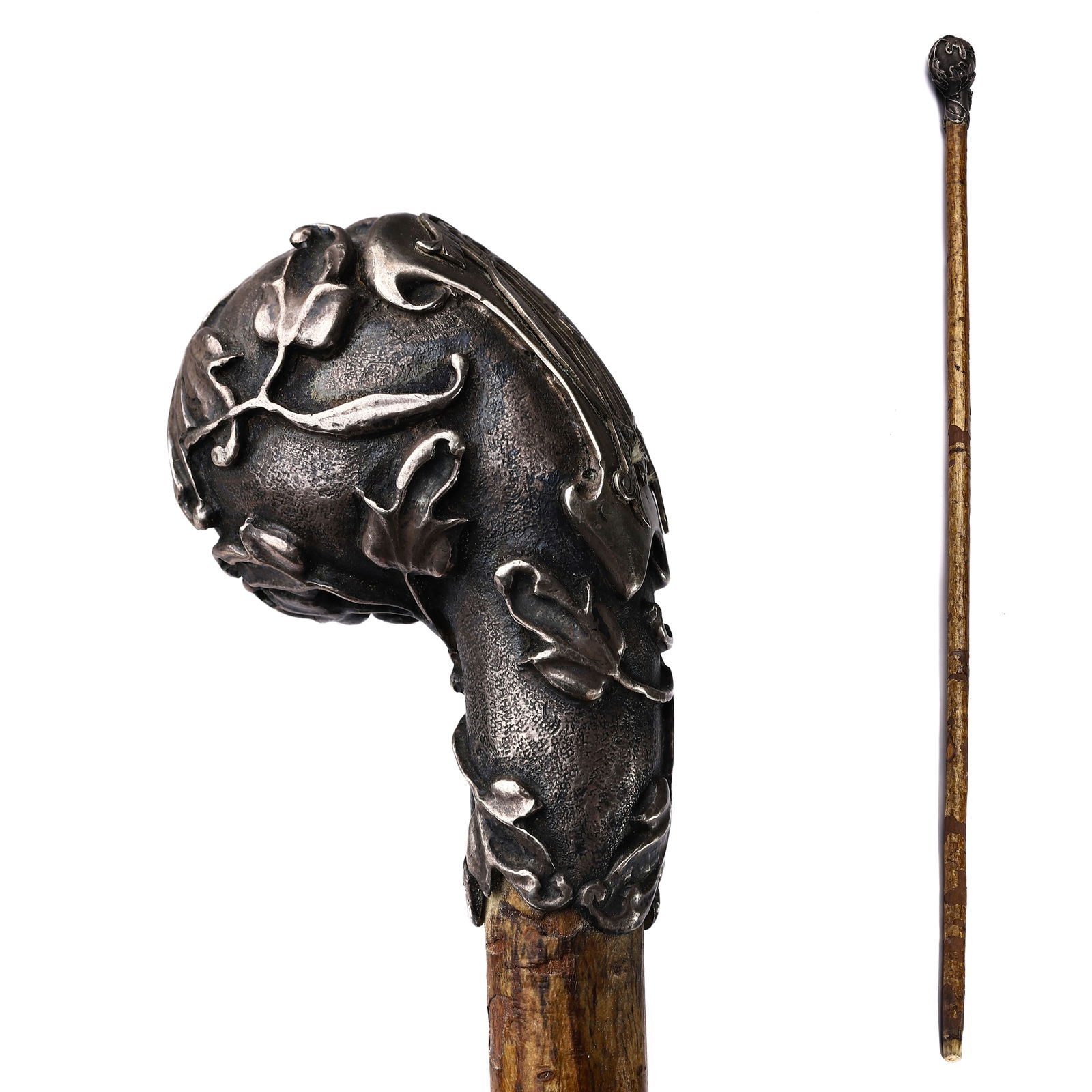 ART NOUVEAU SILVER-MOUNTED CANE WITH LEAF MOTIF (1 of 3)