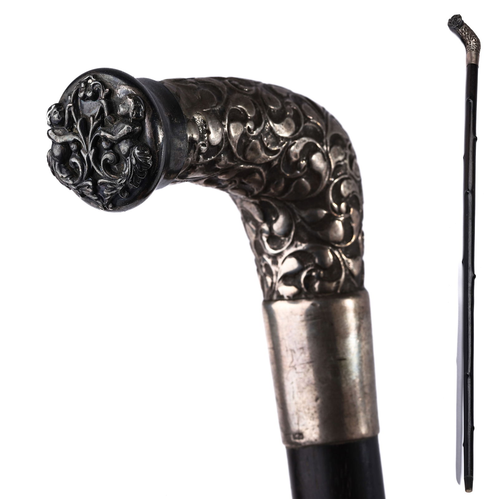 ANTIQUE SILVER-EMBOSSED WALKING CANE WITH CHERUB MOTIF (1 of 4)