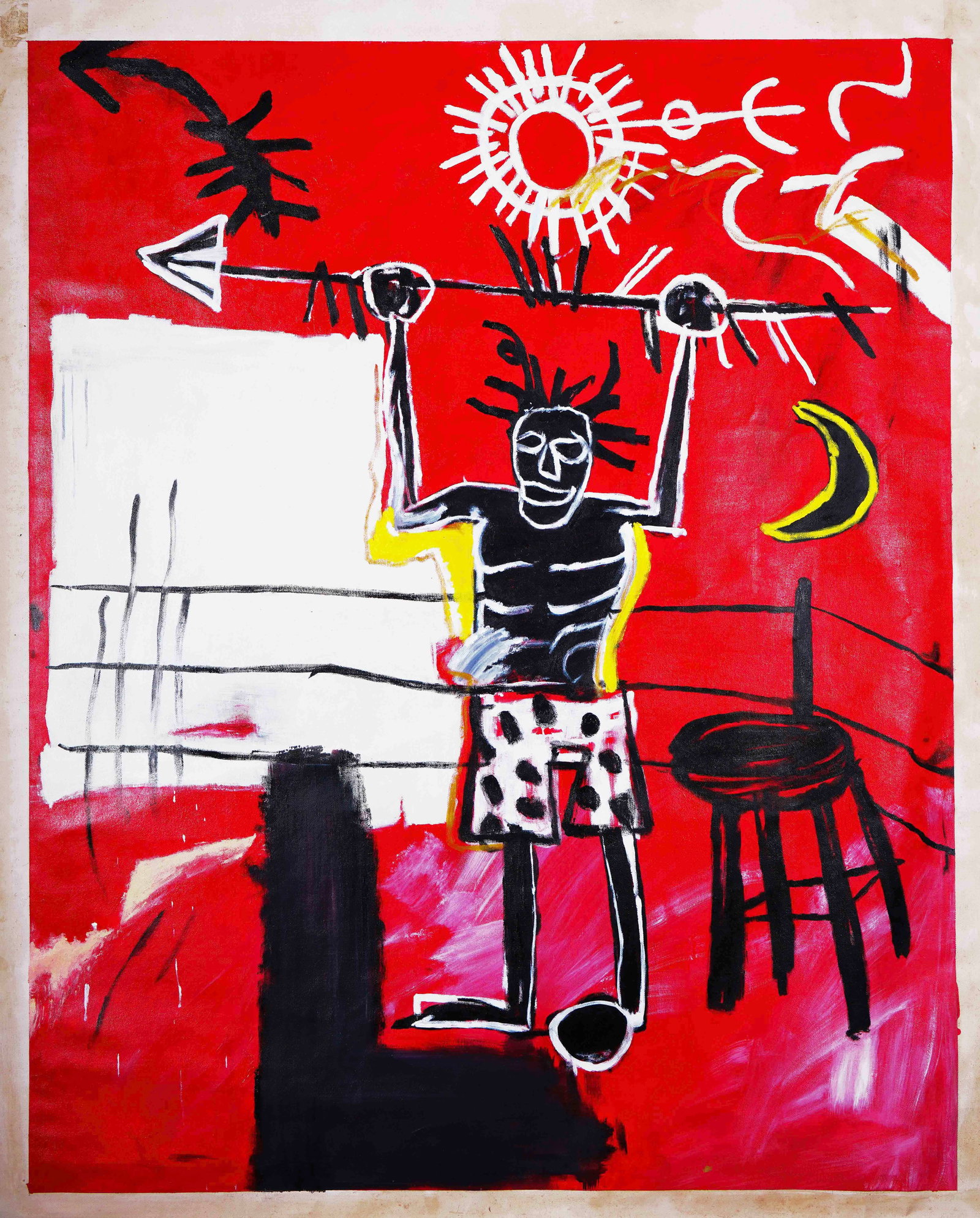 JEAN-MICHEL BASQUIAT (1960–1988), ATTRIBUTED TO, ACRYLIC ON CANVAS: Canvas Size: 58 1/4 x 47 1/4 in (148 x 120 cm) Signed (reverse) Jean-Michel Basquiat (1960–1988) was a pivotal figure in the rise of graffiti art and Neo-Expressionism in the late 20th century. Thou