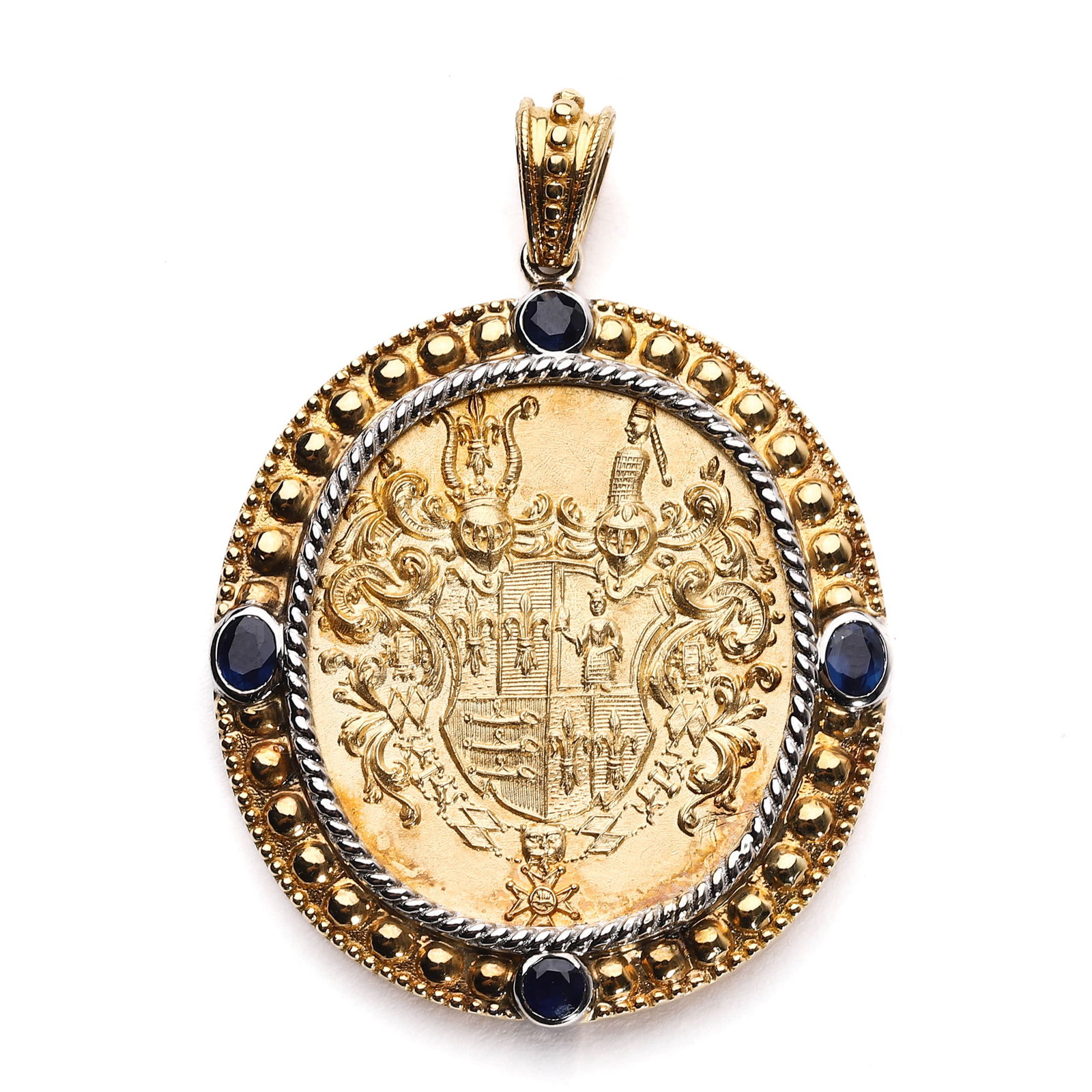 A DOUBLE-SIDED GOLD PENDANT WITH HERALDIC ENGRAVINGS, SET WITH GEMSTONES (1 of 4)