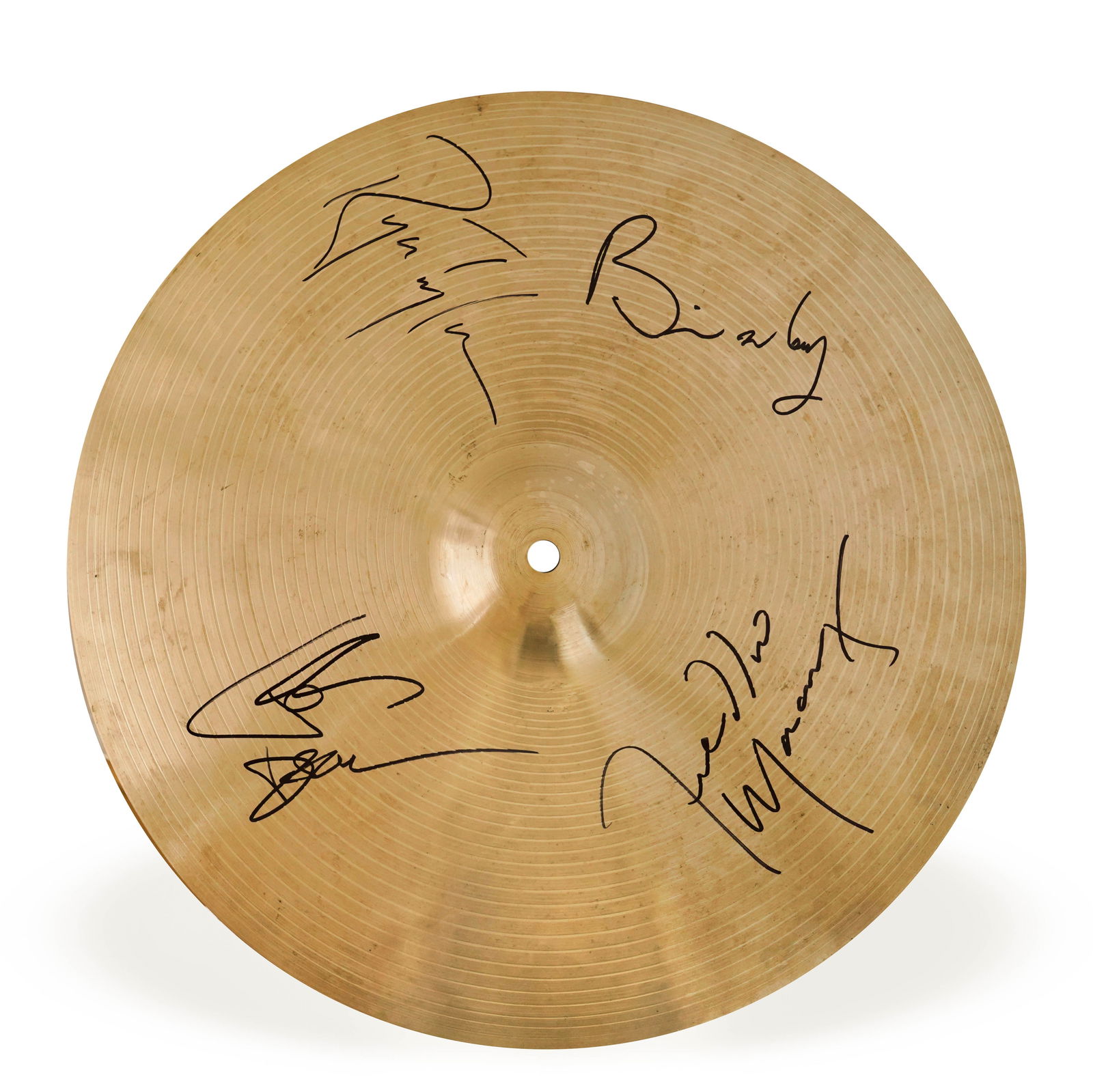 QUEEN BAND-SIGNED DRUM CYMBAL FEATURING FREDDIE MERCURY, BRIAN MAY, ROGER TAYLOR & JOHN DEACON (1 of 5)