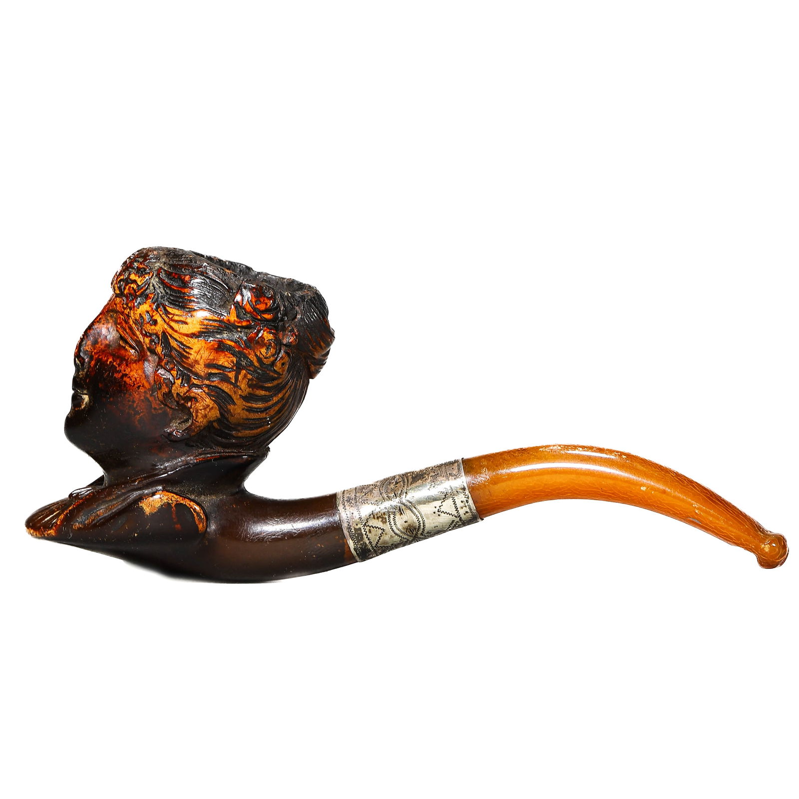 CARVED BRIAR PIPE WITH SILVER COLLAR (1 of 4)