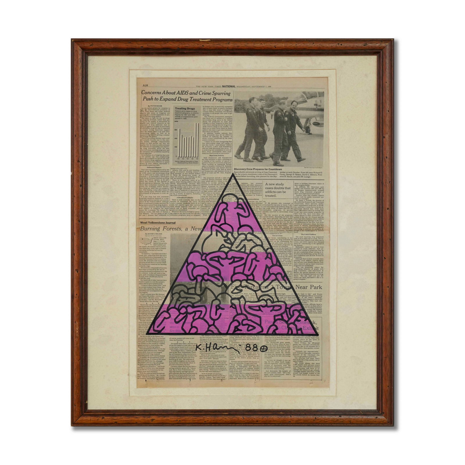 KEITH HARING (1958-1990), ATTRIBUTED TO, MARKER PEN AND ACRYLIC ON NEWSPAPER: Size: 22 1/2 x 13 3/4 in (57 x 35 cm) Signed (lower) Keith Haring (1958-1990) was a seminal figure in the 1980s New York street art movement, celebrated for his bold symbolic language, activist undert