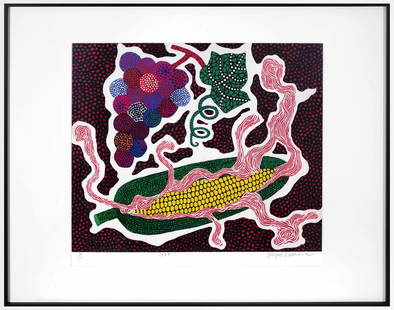 YAYOI KUSAMA (B.1929), SILKSCREEN PRINT: Image dimensions (frame not included): 18 1/8 x 16 1/8 in (46 x 41 cm) Signed (lower right) Yayoi Kusama (B.1929) is a Japanese contemporary artist who works primarily in sculpture and installation, b