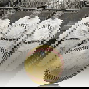 BABE RUTH, LOU GEHRIG, AND EARLE COMBS SIGNED BASEBALL: This autographed baseball holds immense historical significance, bearing the signatures of three legendary New York Yankees-Babe Ruth, Lou Gehrig, and Earle Combs. It is a rare and evocative artifact