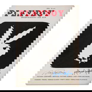 PLAYBOY MAGAZINE SIGNED BY MARILYN MONROE AND HUGH HEFNER (APRIL 1960 ISSUE): 28 x 21.5 cm (11 x 8 1/2 in) This April 1960 issue of Playboy magazine is distinguished by the rare dual autographs of two cultural titans-Marilyn Monroe and Hugh Hefner. The cover, featuring the now-