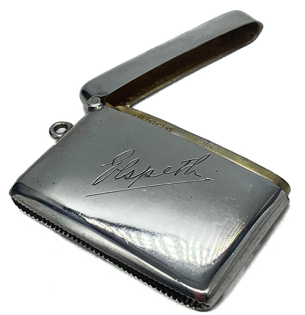 BRITISH HEAVY ENGRAVED SILVER MATCHBOX HOLDER, BIRMINGHAM, 1942, PLAIN DESIGN, TIGHTLY FITTED: Dimensions 2 1/8 × 1 11/16 in. (5.4 × 4.3 cm); weight approx. 38 g Description A heavy-gauge sterling silver vesta case of plain polished form, hallmarked for Birmingham, 1942, with maker’s marks