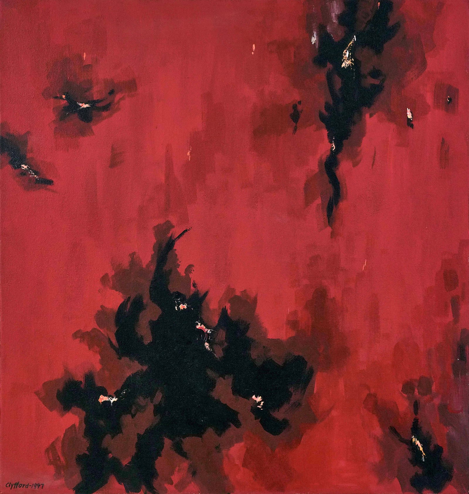 CLYFFORD STILL (1904-1980), ATTRIBUTED TO, OIL ON CANVAS: Signed (lower left and reverse) Dimensions: 39 x 37 in (99 x 94 cm) This painting comes with a COA issued by Artemis Gallery. Clyfford Still (1904-1980) was a seminal figure in the Abstract Expression