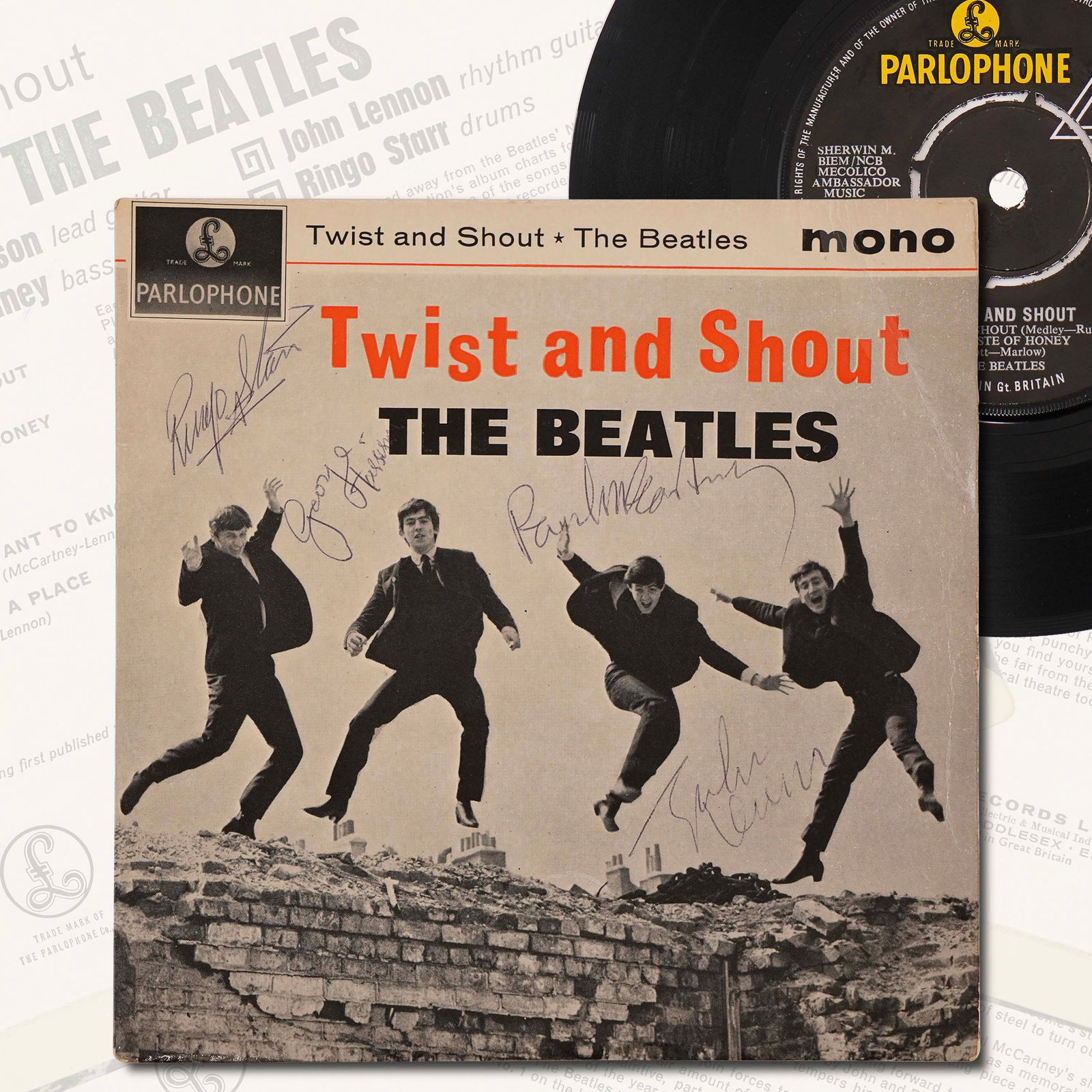 VERY RARE THE BEATLES FULLY SIGNED "TWIST AND SHOUT" EP COVER WITH RECORD, 1963 (1 of 4)