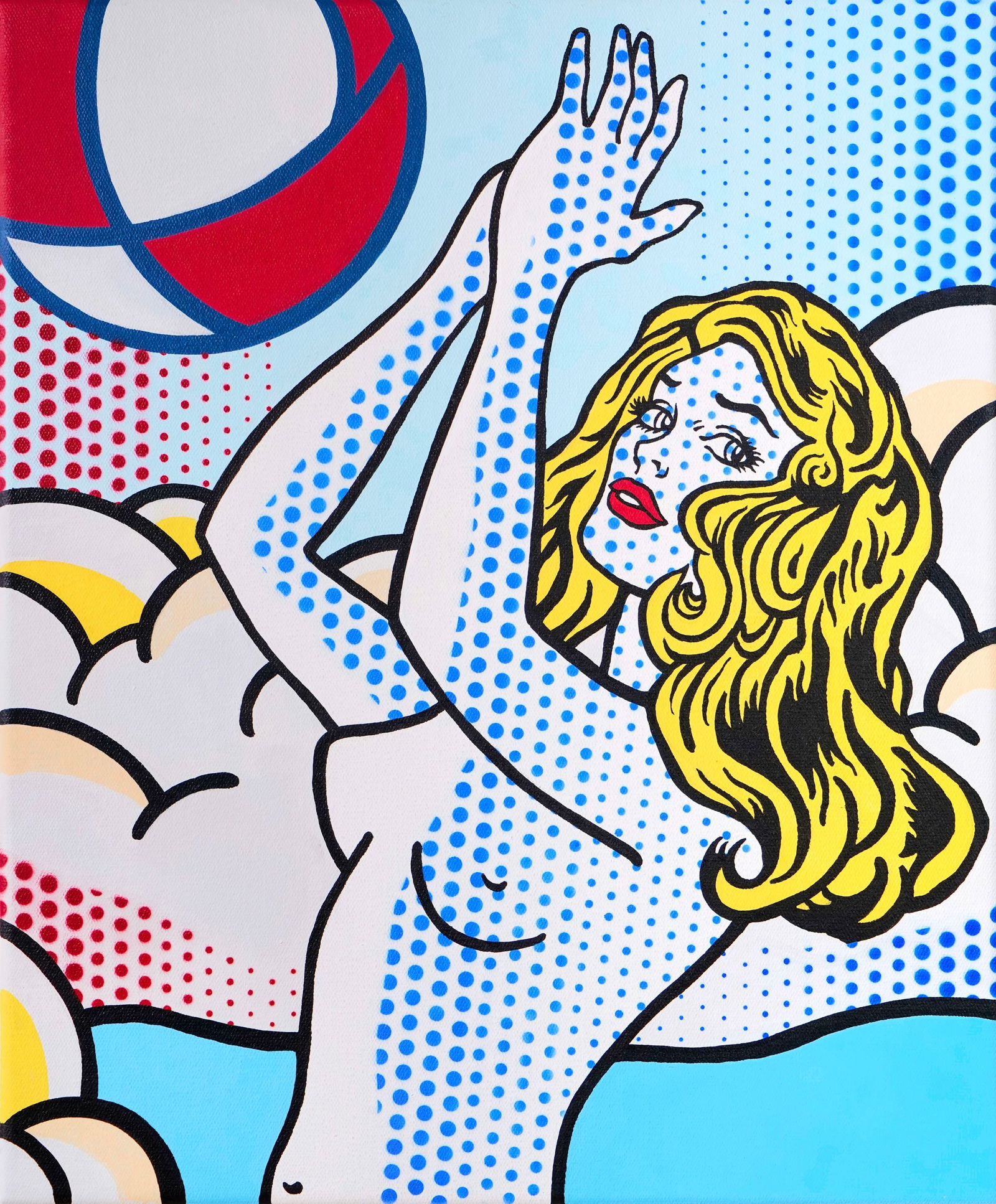 ROY LICHTENSTEIN (1923-1997), ATTRIBUTED TO, OIL AND MAGNA ON CANVAS: Signed (reverse) Image dimensions: 24 3/4 x 20 1/2 in (62.8 x 52 cm) Created in 1994, Nude Woman Playing with a Beach Ball is a late-career work by Roy Lichtenstein that exemplifies the enduring visua