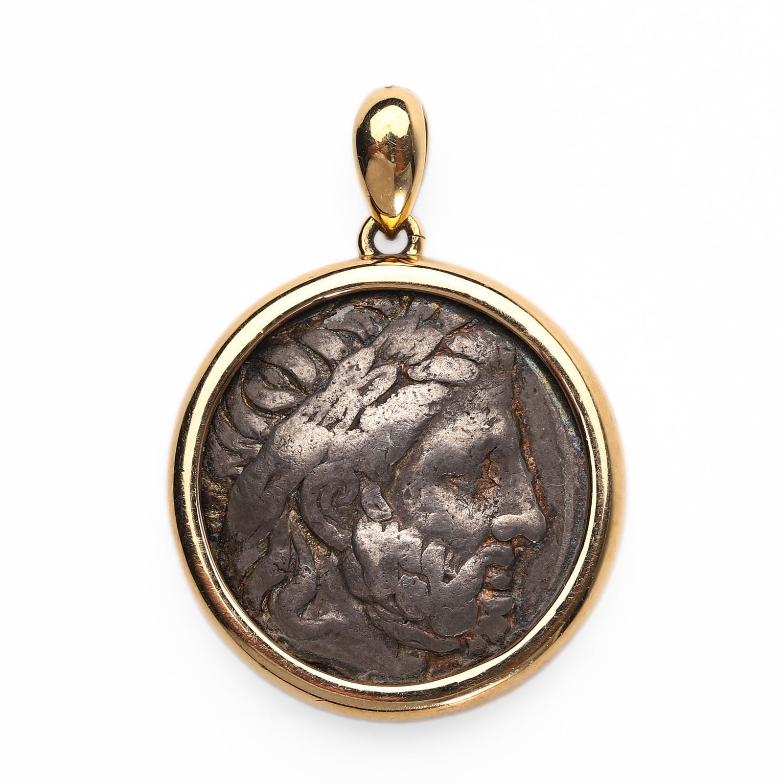 GREEK BRONZE COIN PENDANT DEPICTING ZEUS AND HORSEMAN, IN 18K GOLD MOUNT (1 of 5)