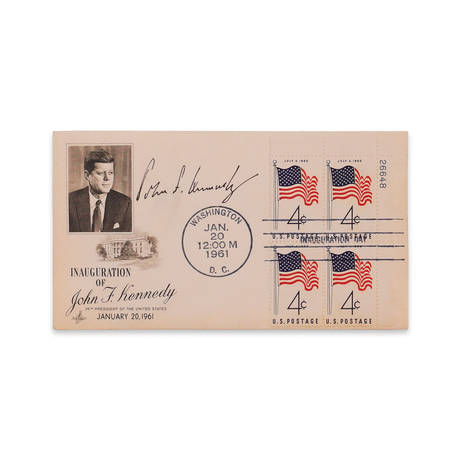 JOHN F. KENNEDY SIGNED INAUGURATION COVER, DATED JANUARY 20, 1961 (1 of 2)